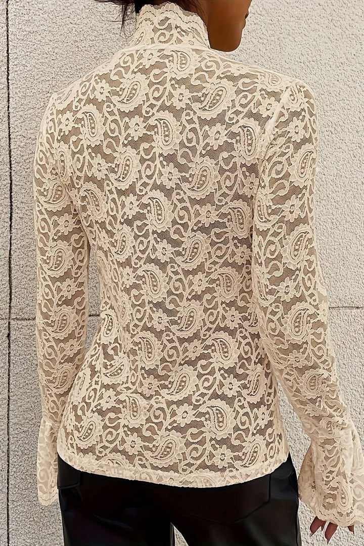 Half Turtleneck Lace Trumpet Sleeve Top with flowy romantic coastal boho style