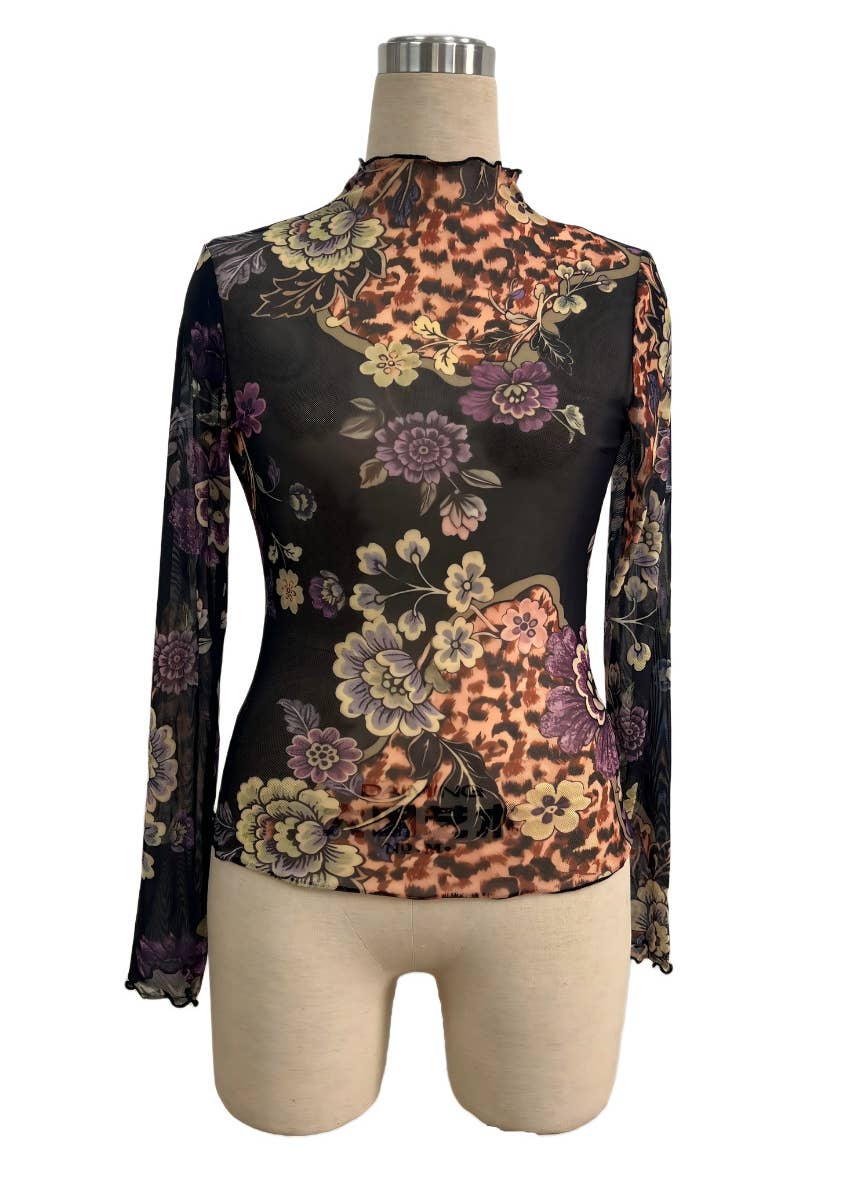 Vintage Floral Print Mesh Long Sleeve Slim Fit Top