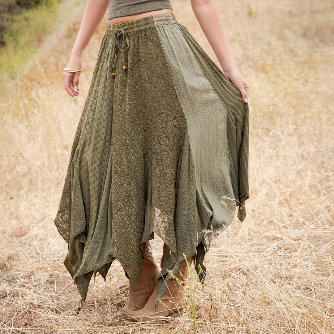 Boho Handkerchief Hem Patchwork Maxi Skirt