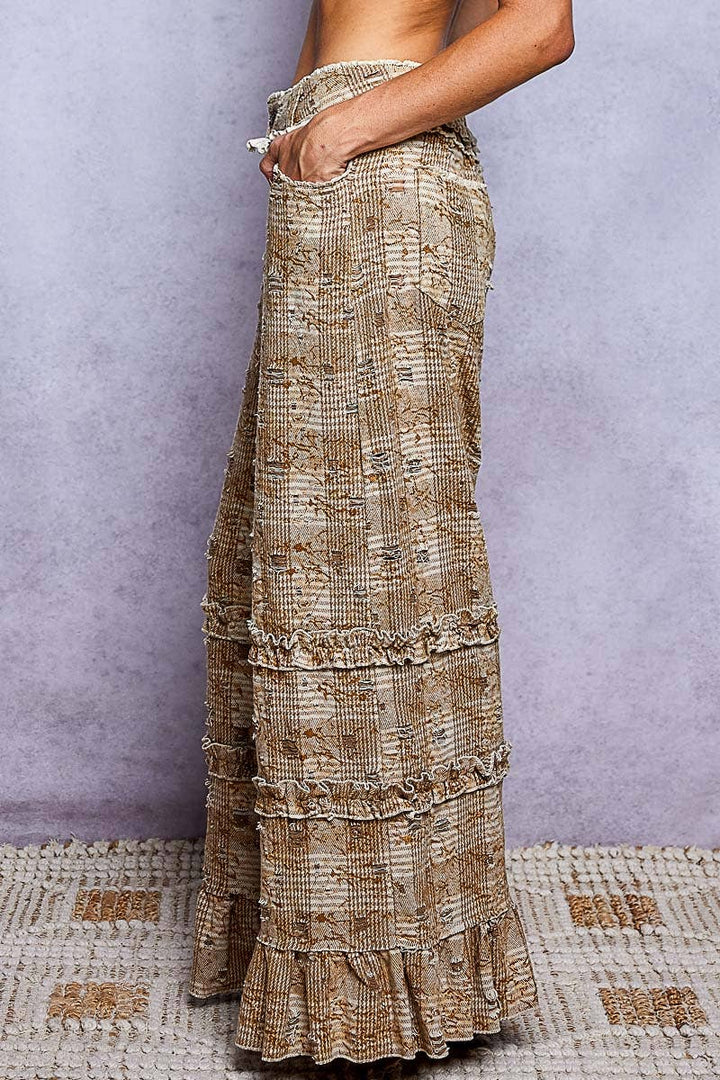 Vintage Distressed Plaid Ruffle Hem High Rise Wide Leg Pants