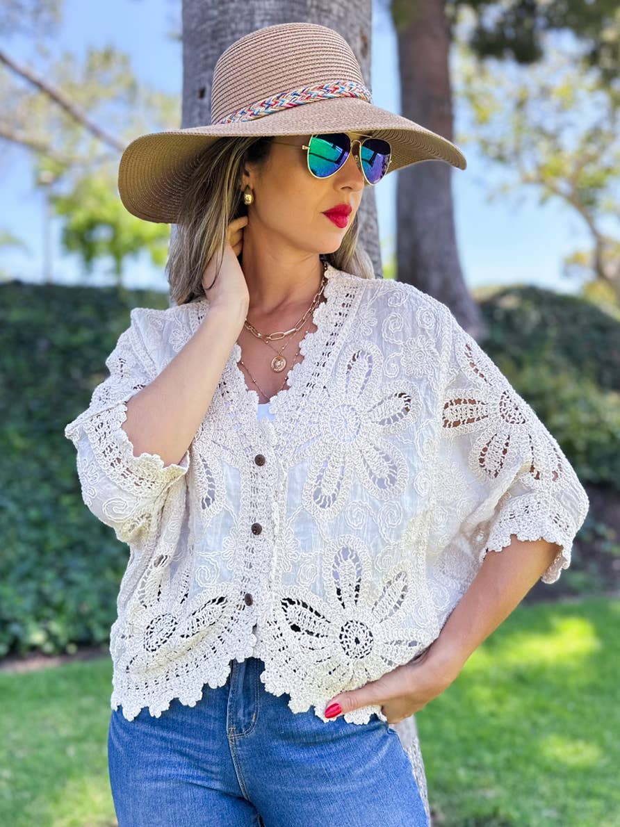 Floral Crochet Button Down Cardigan with Dolman Sleeves