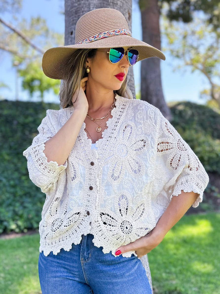 Floral Crochet Button Down Cardigan with Dolman Sleeves