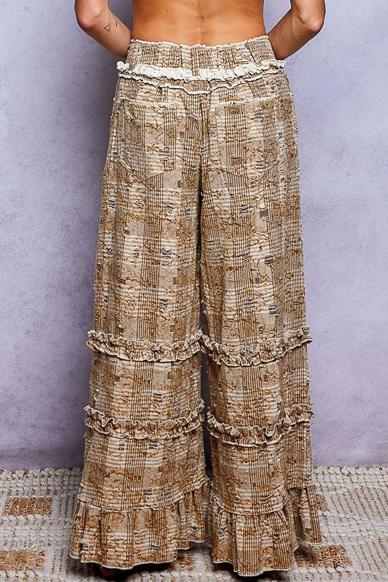 Vintage Distressed Plaid Ruffle Hem High Rise Wide Leg Pants