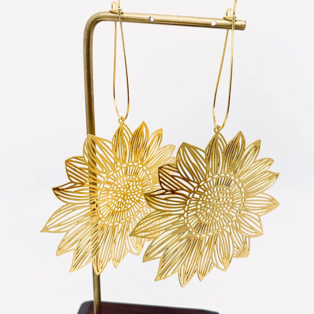 Golden Hollow Sunflower Hoop Earrings for free-spirited coastal bohemian summer style