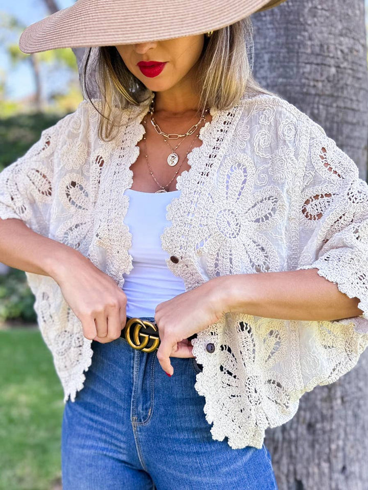 Floral Crochet Button Down Cardigan with Dolman Sleeves