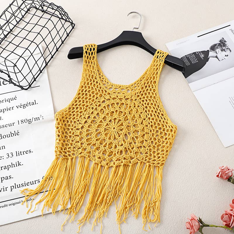 Boho Crochet Knit Fringe Tank Top Cover Up
