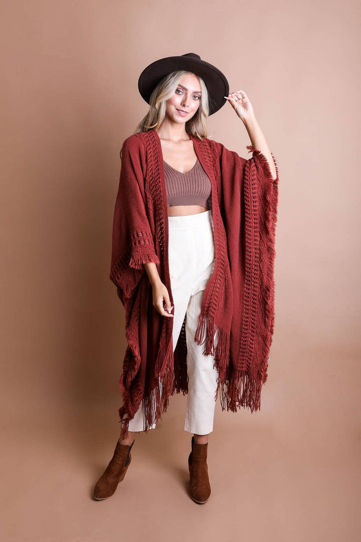 Frayed Border Bohemian Ruana Kimono Sweater