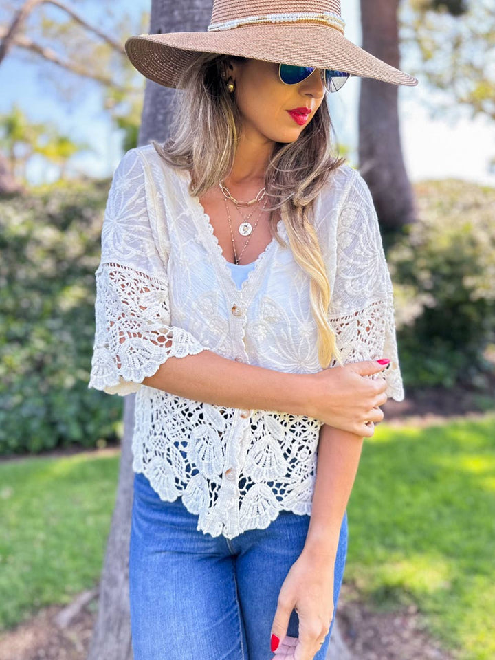 Boho Floral Lace Short Sleeve Crochet Button Cardigan