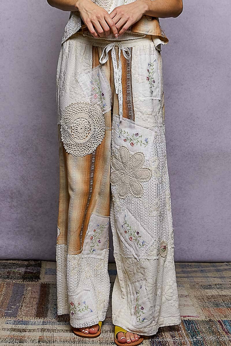 Lace Patch Detail Woven Pants with relaxed coastal boho style and artisan charm