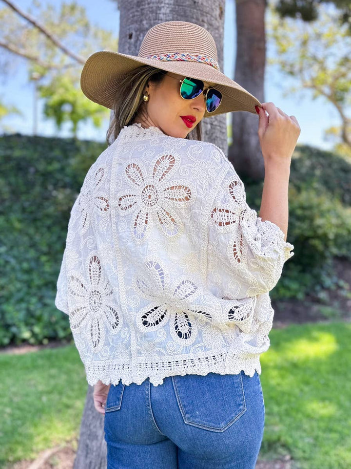 Floral Crochet Button Down Cardigan with Dolman Sleeves