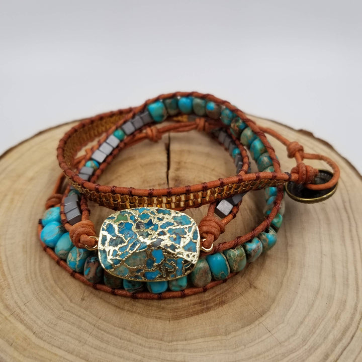 Handwoven Natural Turquoise &amp; Leather Stacked Bracelet with coastal boho charm