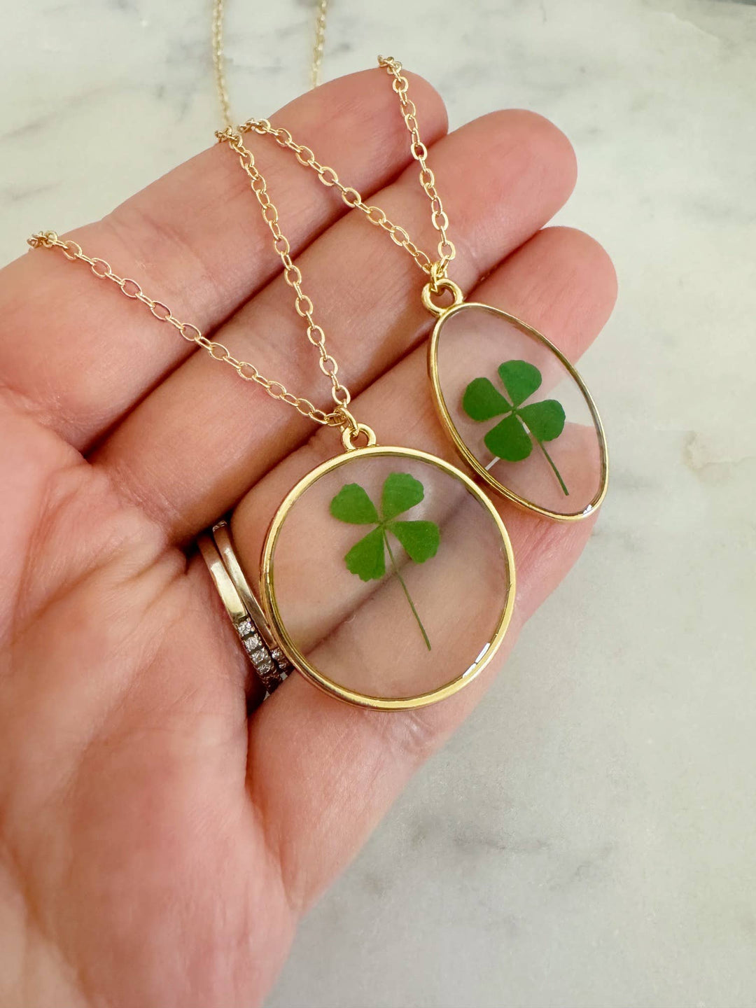 Handcrafted Four Leaf Clover Pressed Flower Necklace in 14k gold filled delicate chain