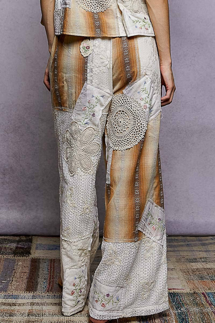 Lace Patch Detail Woven Pants with relaxed boho fit for coastal everyday wear