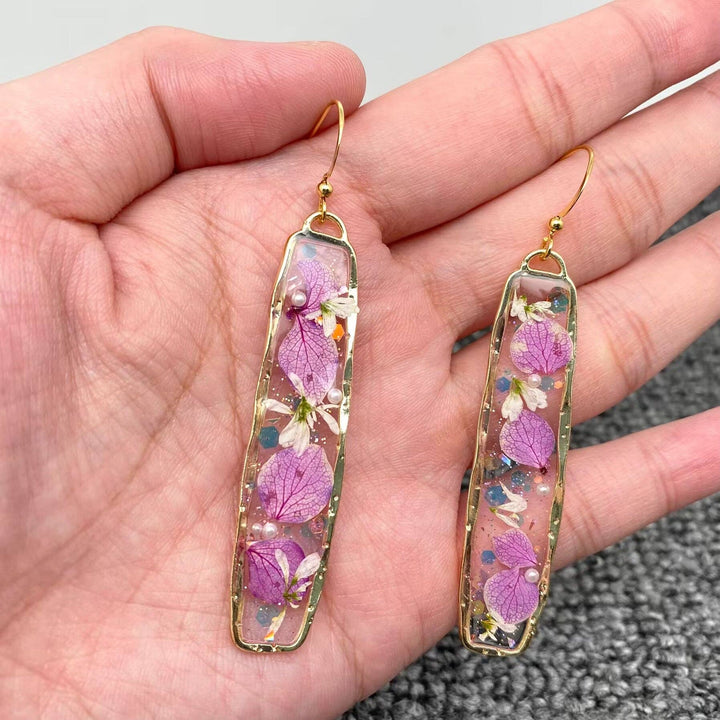 Pink Hydrangea Dried Flower Rectangular Earrings handcrafted for a coastal boho spirit