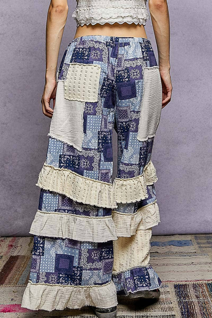 Twill Ruffle Printed Woven Wide Leg Pants with flowy coastal boho style