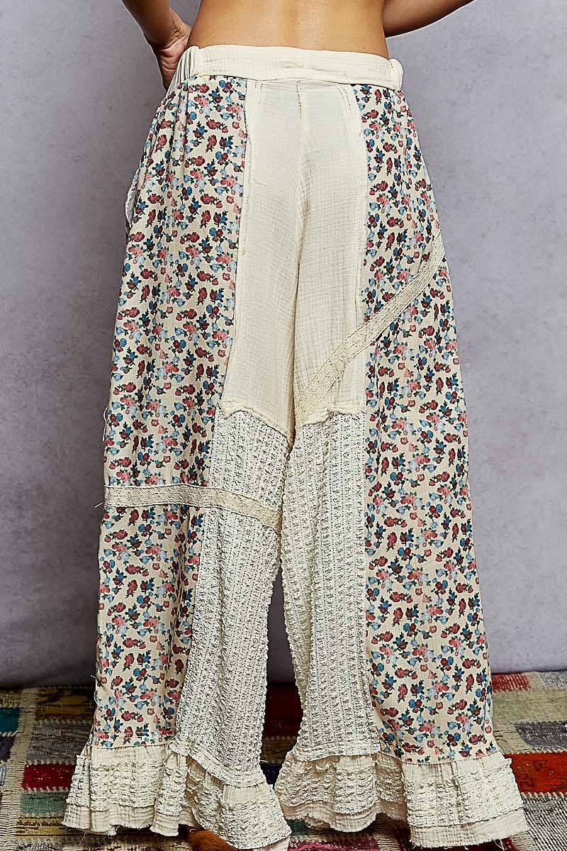 Lace Print Patch Ruffle Woven Wide Pants