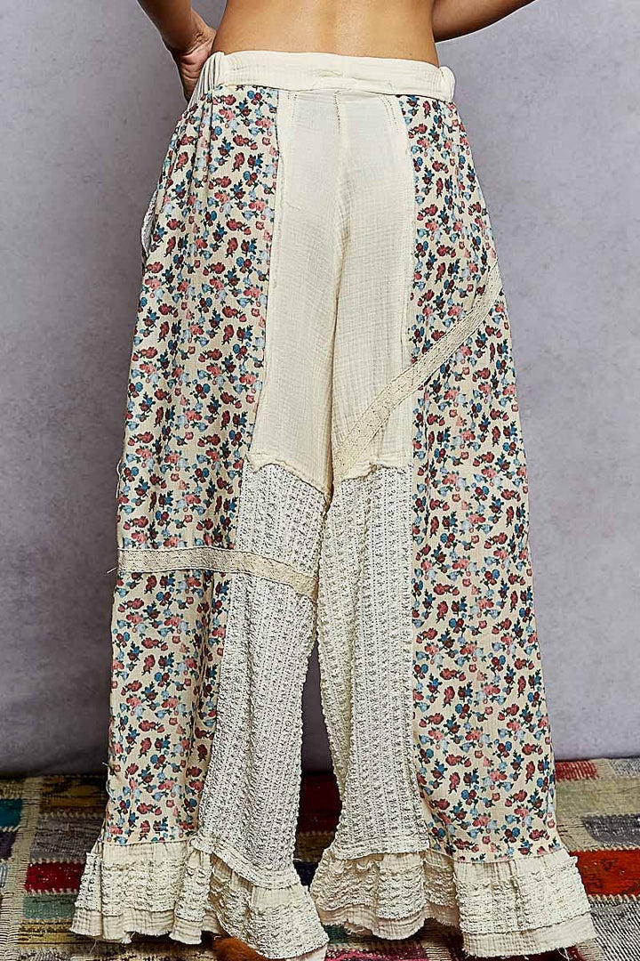 Lace Print Patch Ruffle Woven Wide Pants