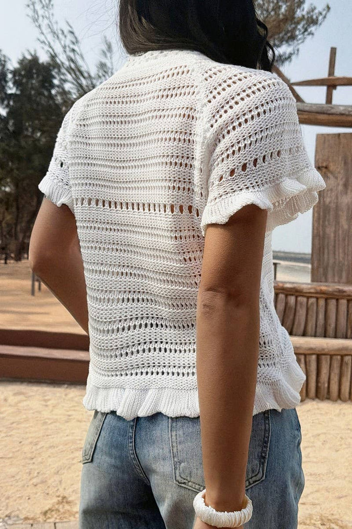 Knit Shell Beach Short-Sleeve Top with openwork detail for effortless coastal boho style