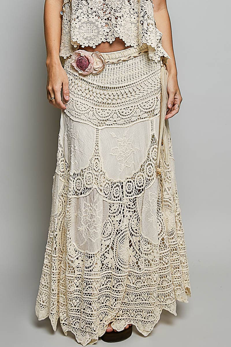 Crochet Embroidered Maxi Skirt in earthy tones for boho coastal style