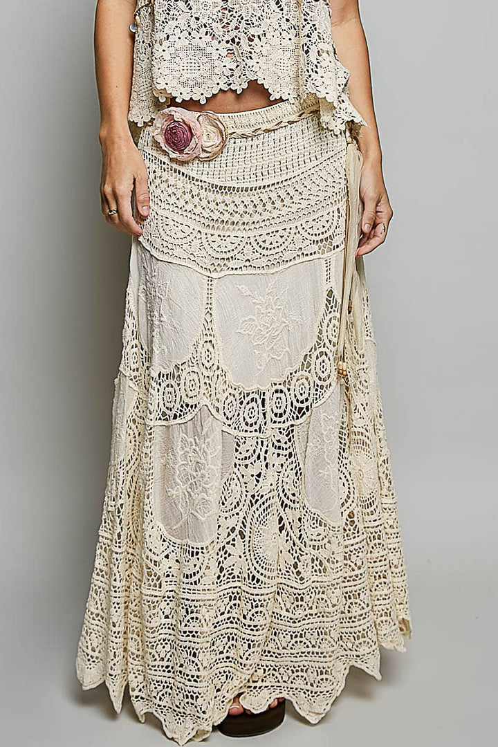 Crochet Embroidered Maxi Skirt in earthy tones for boho coastal style