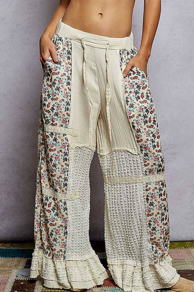 Lace Print Patch Ruffle Woven Wide Pants
