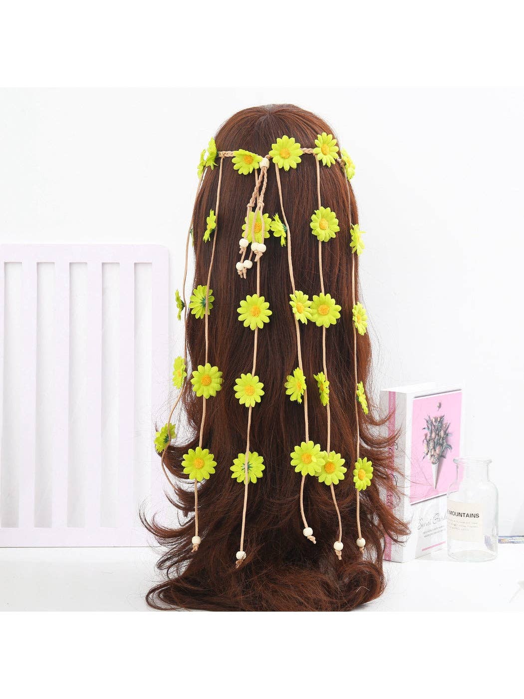 Boho Sunflower Hair Headpiece with handcrafted floral chain for coastal festival style