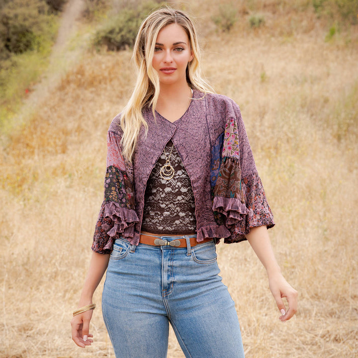 Lapel Detail Cropped Jacket with Handcrafted Embroidery