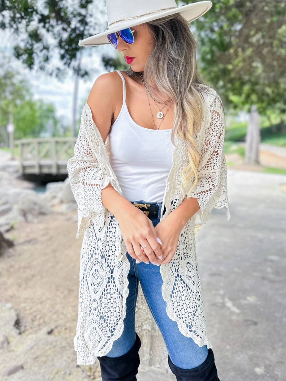 Boho open front high-low crochet cardigan with tie for coastal layering