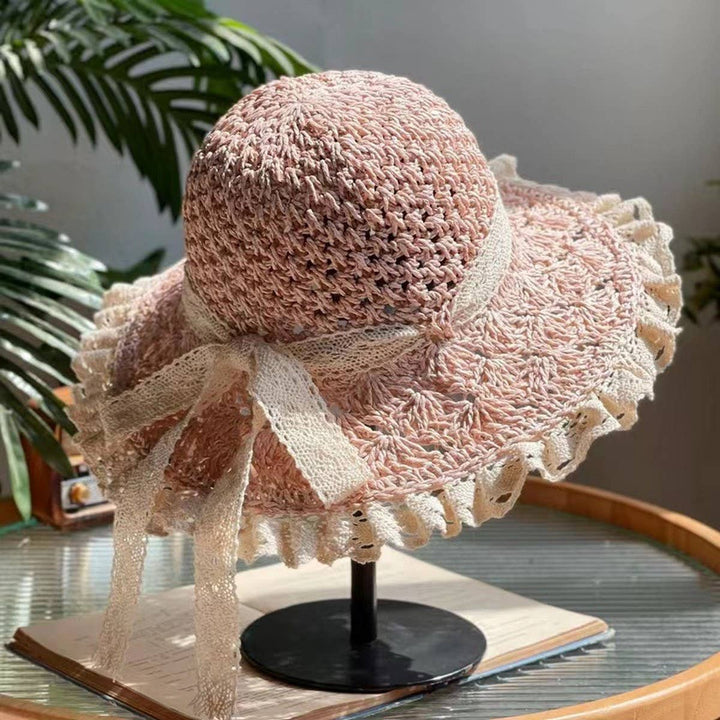 Lace Trim Sunshade Straw Hat with Bow