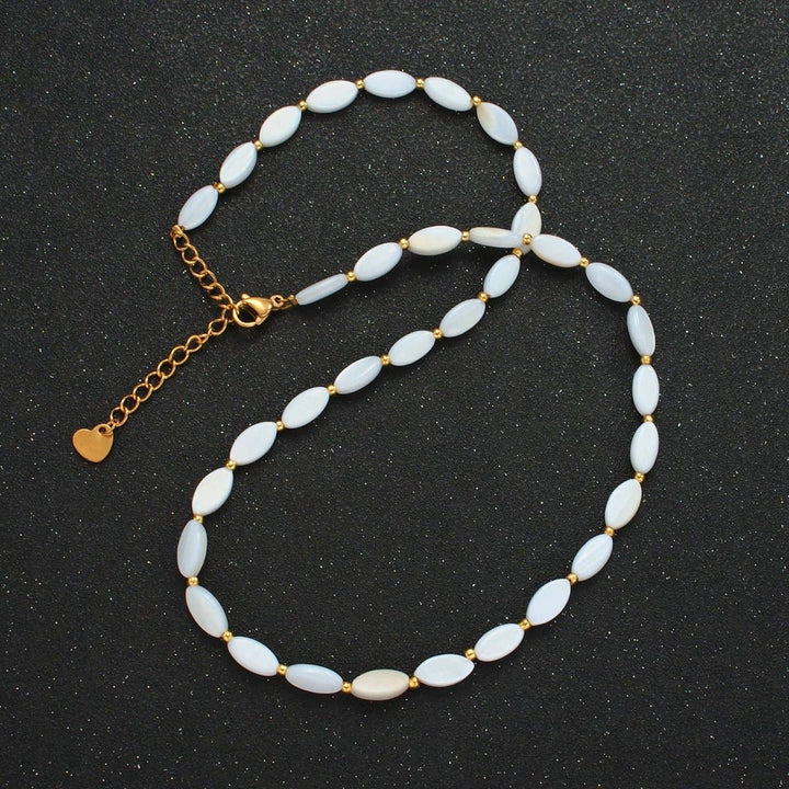 White Jade Beaded Chain Necklace layered in coastal boho gold fill style