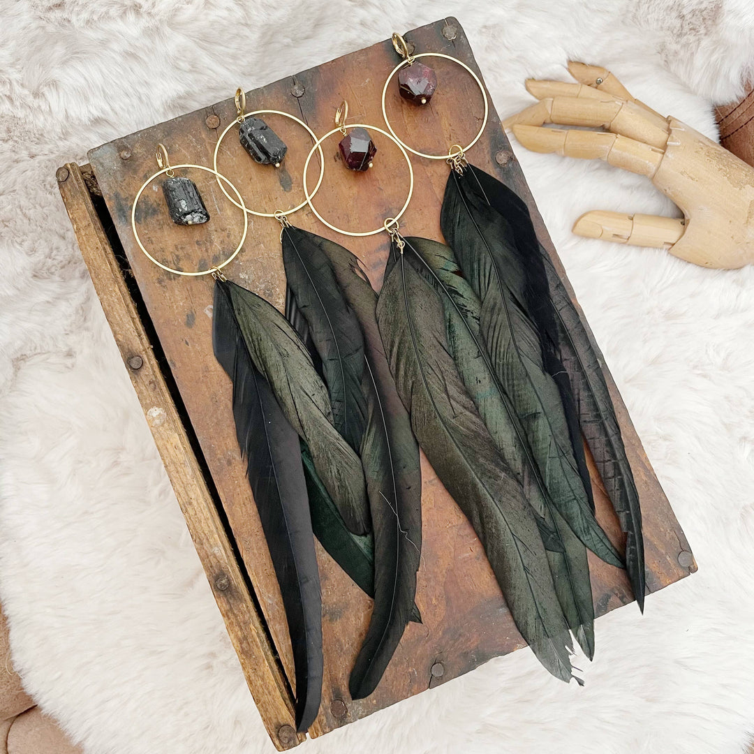 War Goddess Feather Earrings handmade with natural stone for bold statement style