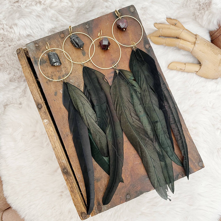War Goddess Feather Earrings handmade with natural stone for bold statement style