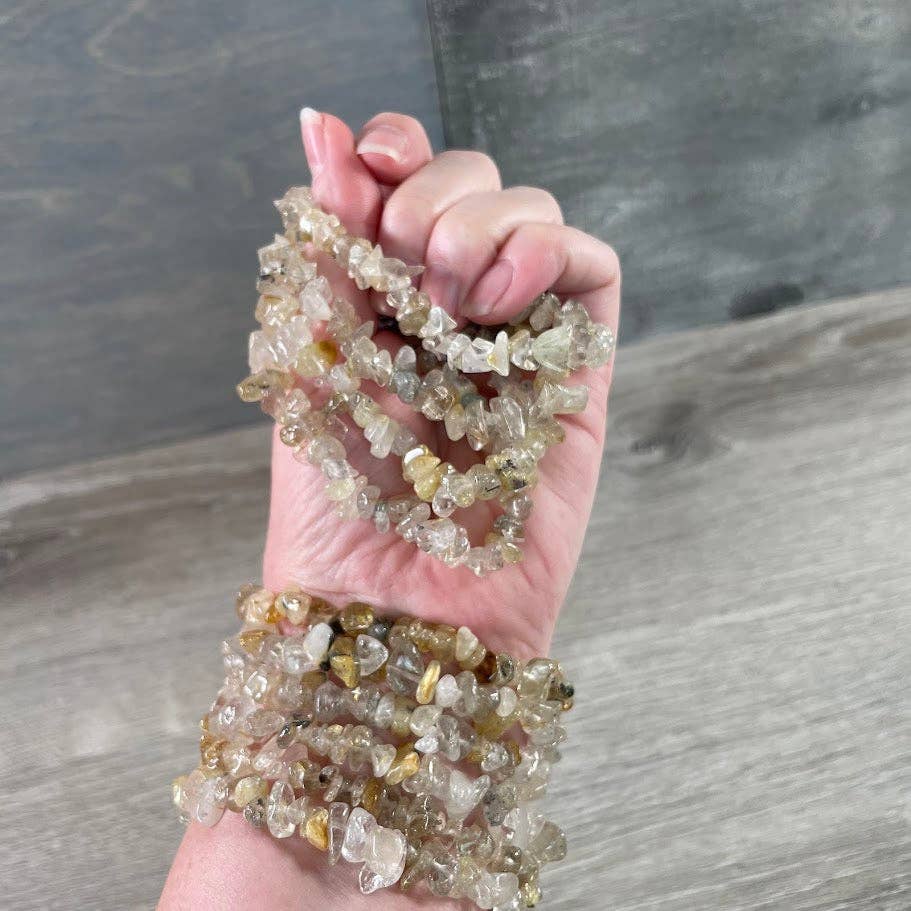 Healing Crystal Chip Bracelets with amethyst and rose quartz for coastal boho style