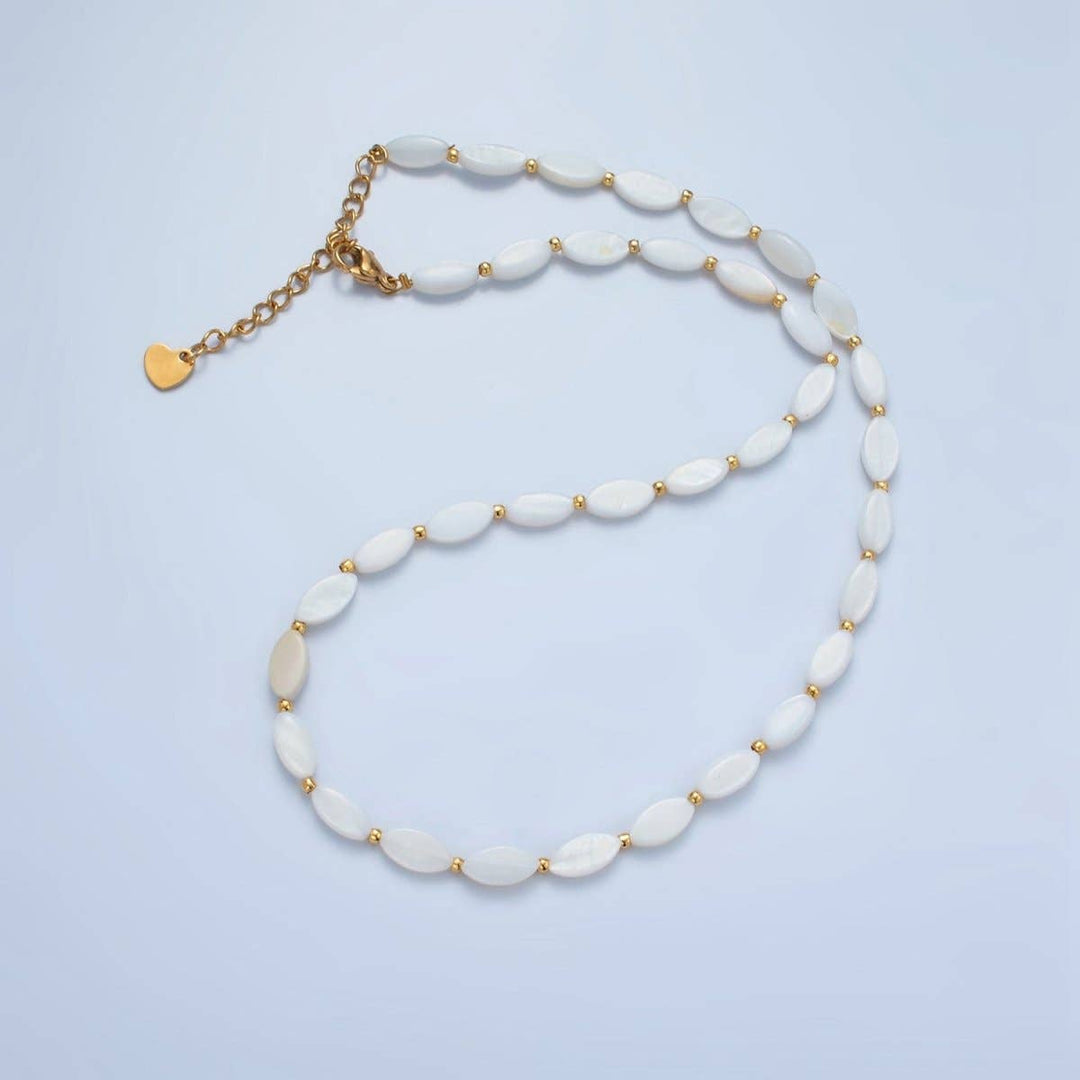 White Jade Beaded Chain Necklace layered in coastal boho gold fill style