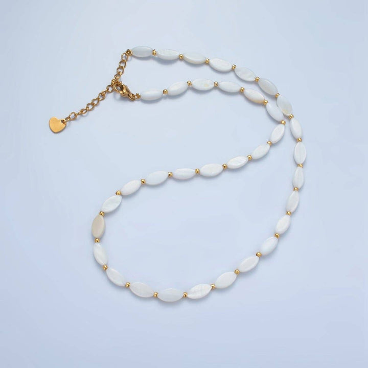White Jade Beaded Chain Necklace layered in coastal boho gold fill style