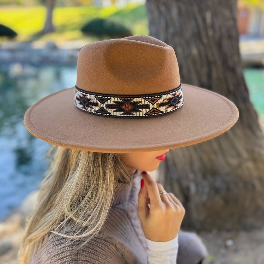 Camel Fedora with Aztec Print Ribbon in earthy boho coastal festival style