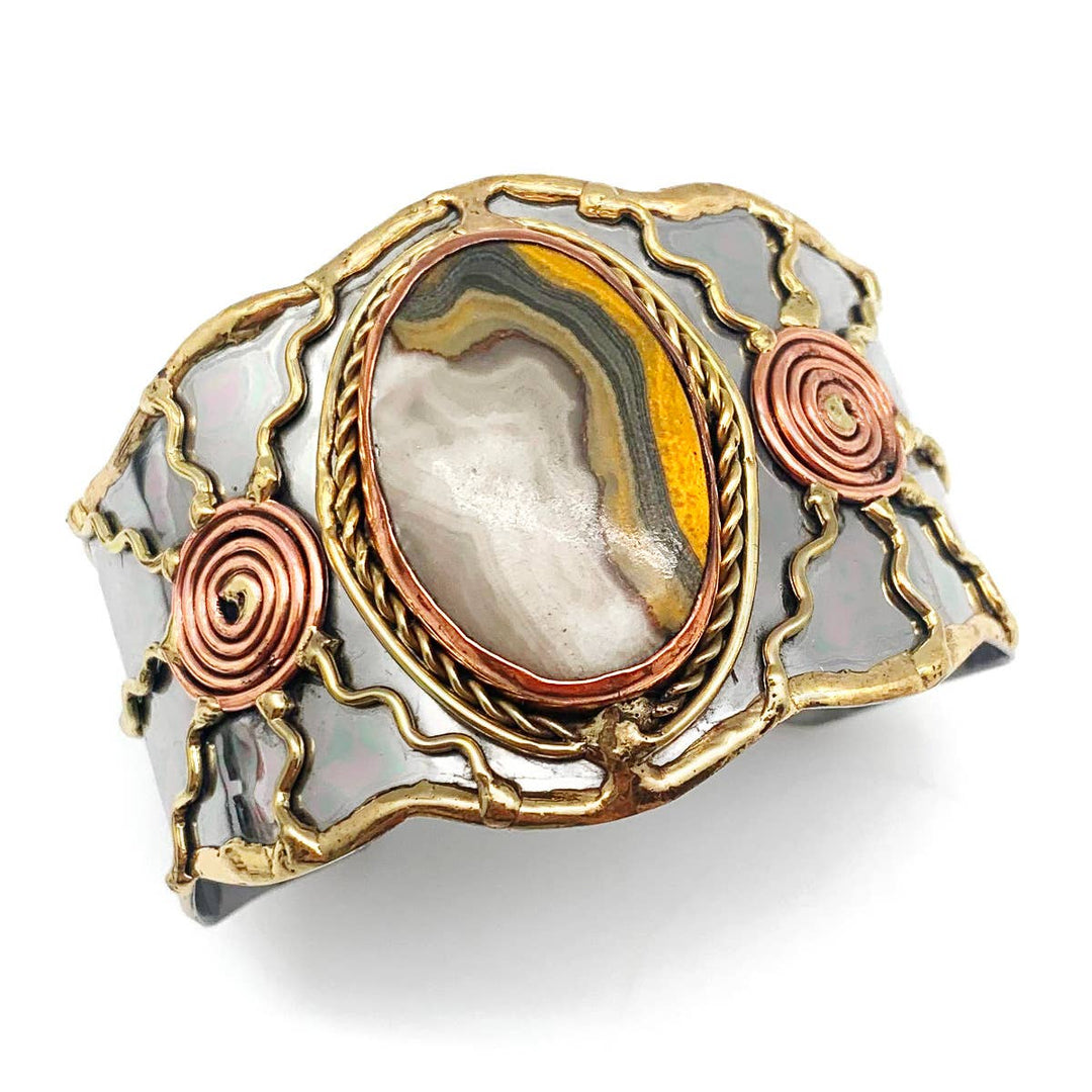 Mixed metal bracelet with bumblebee jasper stone boho coastal artisan cuff jewelry