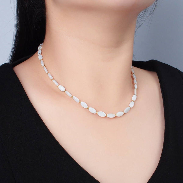 White Jade Beaded Chain Necklace with gold fill extender coastal boho style