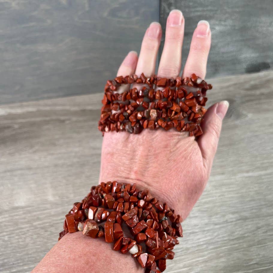 Healing Crystal Chip Bracelets with rose quartz and amethyst for coastal boho style