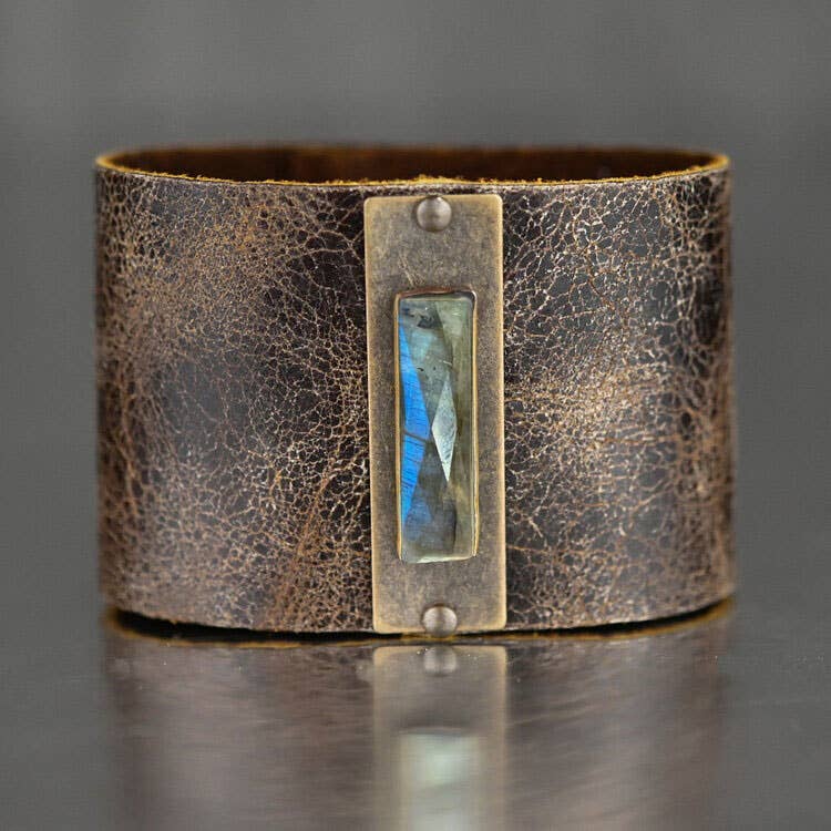 Handcrafted 2 inch weathered brown leather cuff with premium blue labradorite semi precious stone