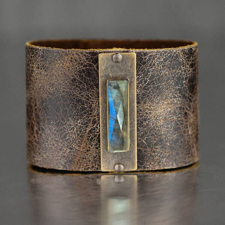Handcrafted 2 inch weathered brown leather cuff with premium blue labradorite semi precious stone