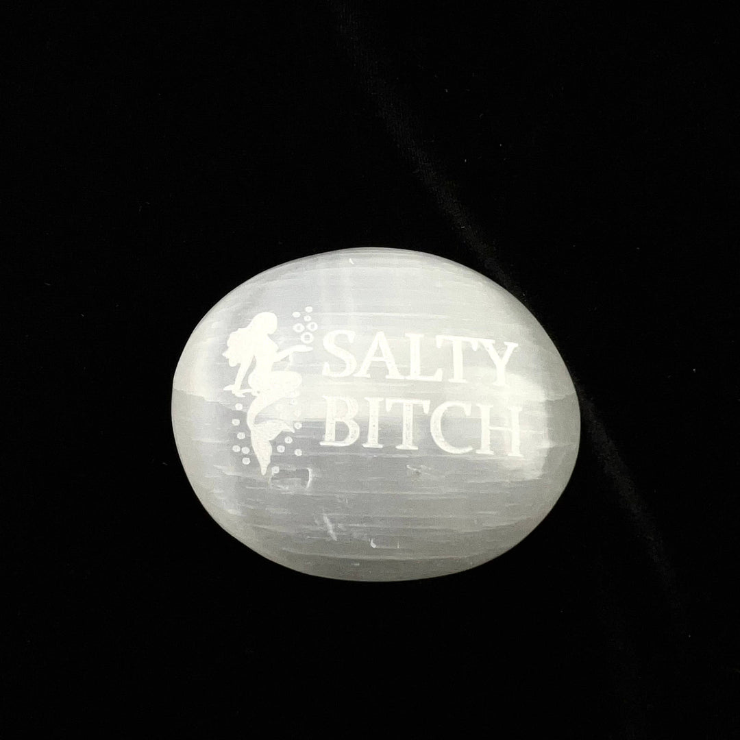 Humorous Selenite Palm Stones | Singles | (6-7cm): "Big Witch Energy" Regular