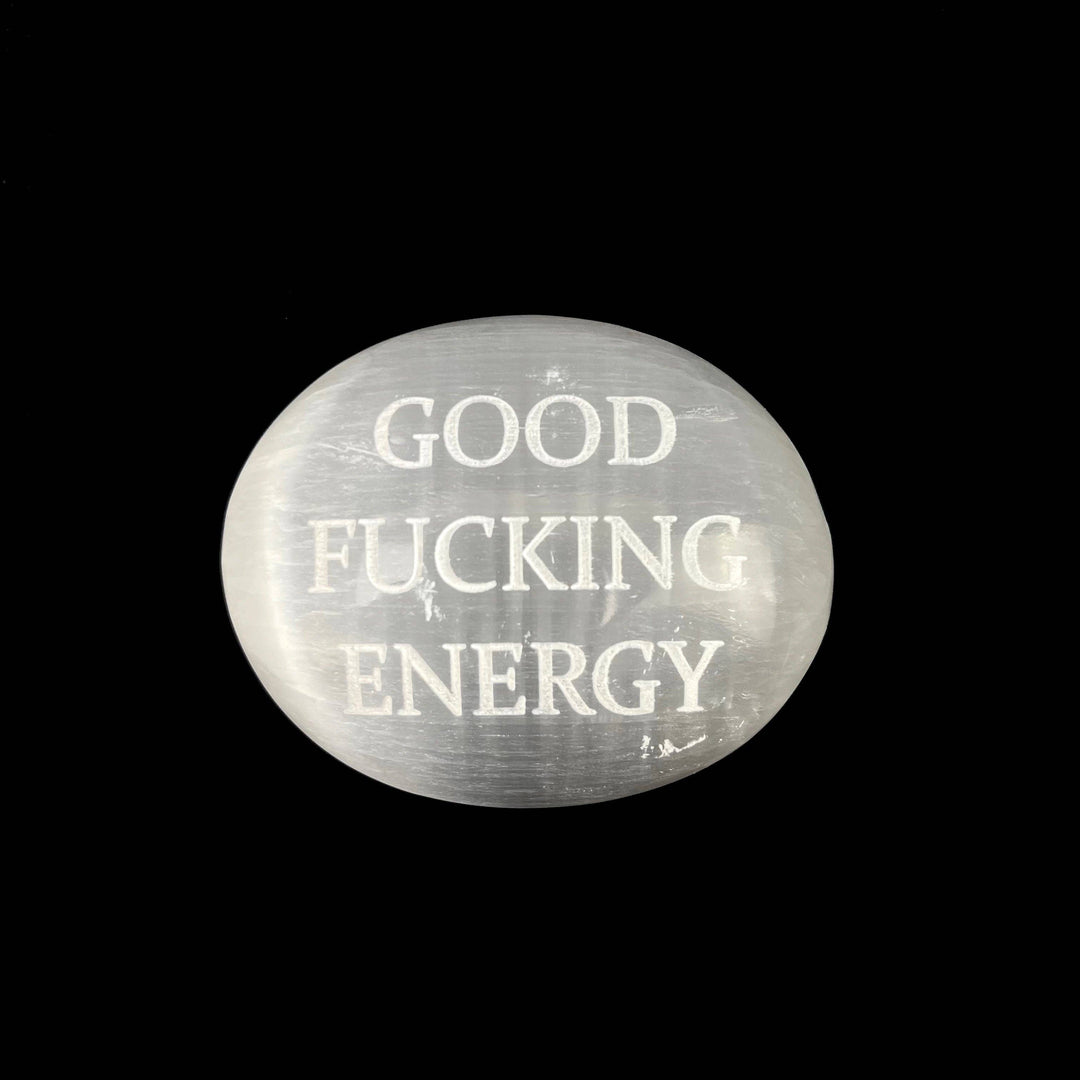 Humorous Selenite Palm Stones | Singles | (6-7cm): "Big Witch Energy" Regular