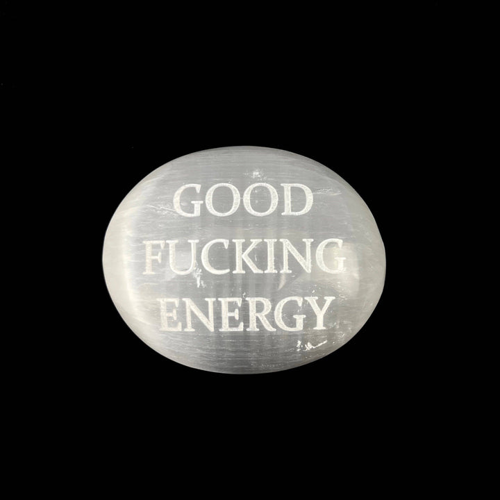 Humorous Selenite Palm Stones | Singles | (6-7cm): "Big Witch Energy" Regular