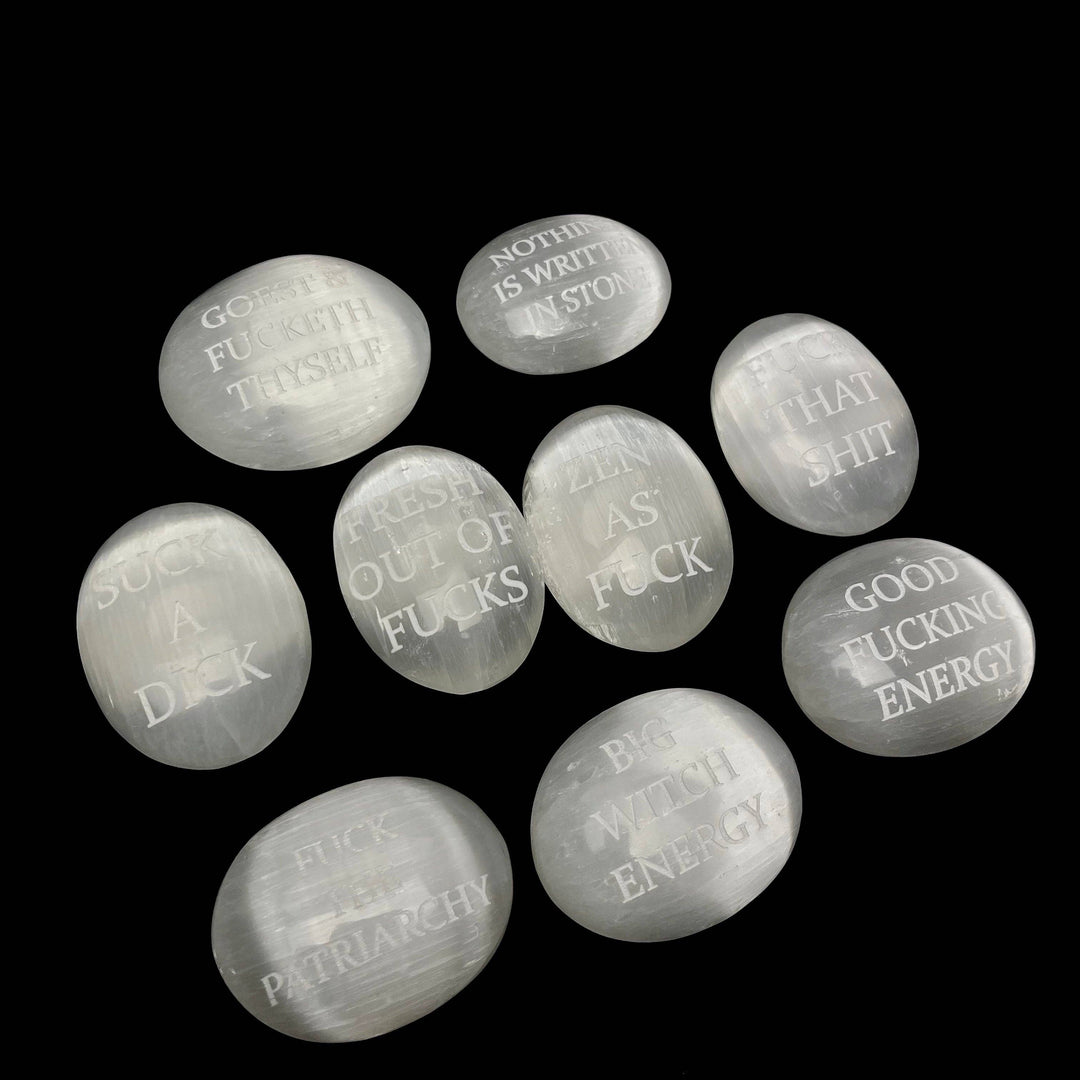 Humorous Selenite Palm Stones | Singles | (6-7cm): "Big Witch Energy" Regular