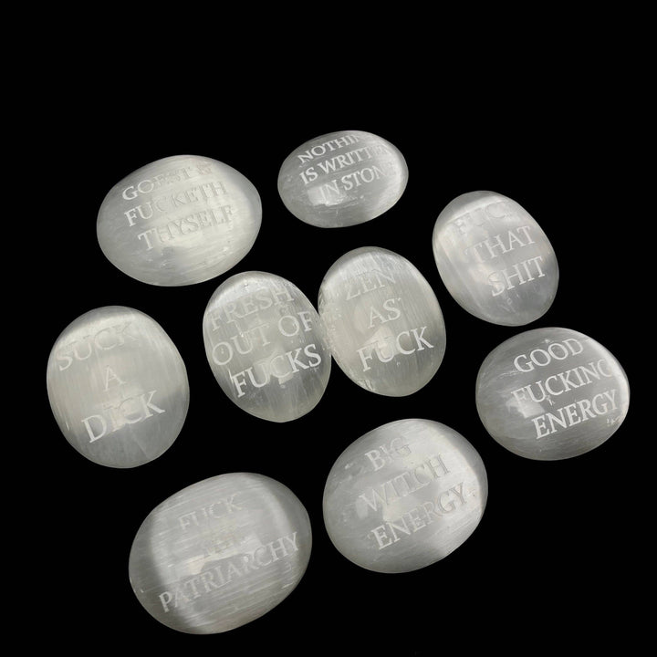 Humorous Selenite Palm Stones | Singles | (6-7cm): "Big Witch Energy" Regular