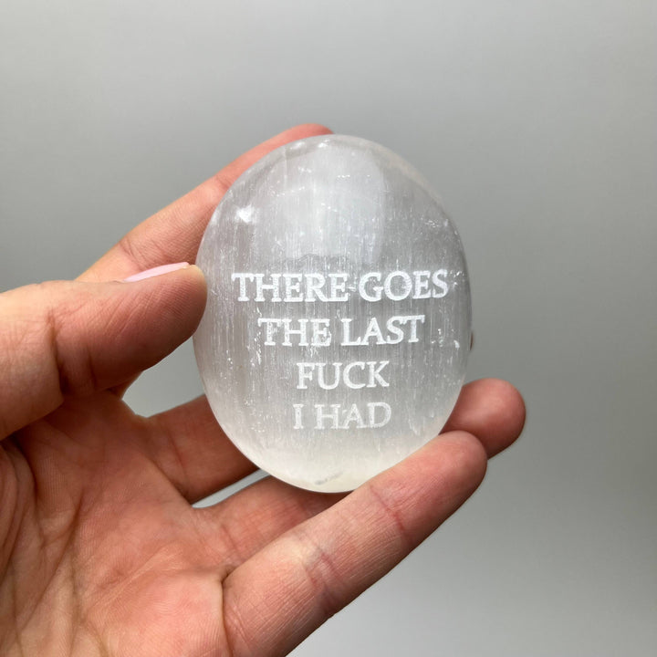 Humorous Selenite Palm Stones | Singles | (6-7cm): "Big Witch Energy" Regular