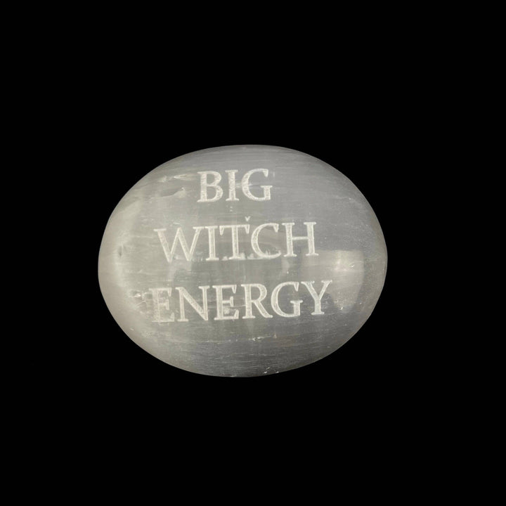 Humorous Selenite Palm Stones | Singles | (6-7cm): "Big Witch Energy"
