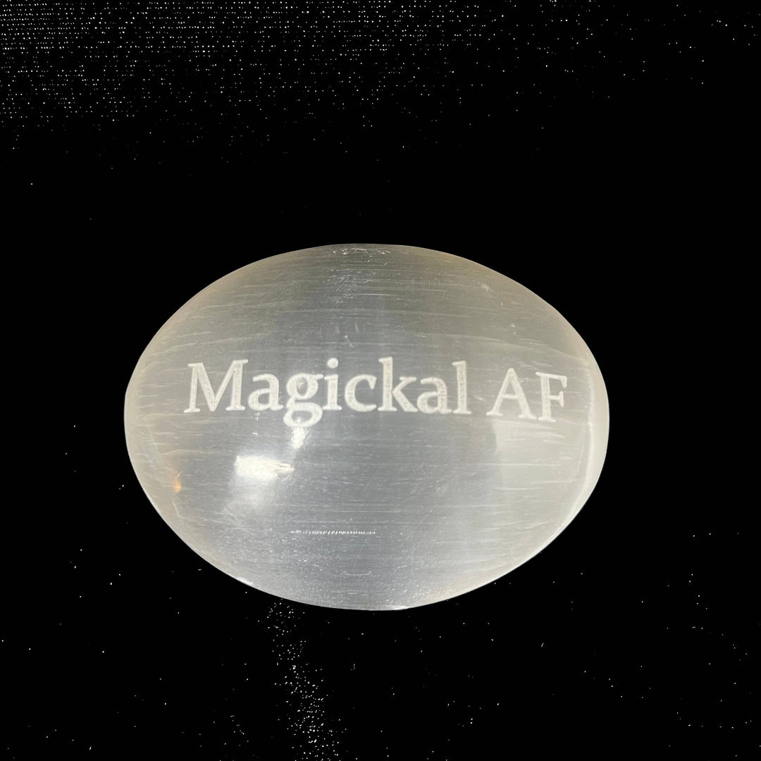 Humorous Selenite Palm Stones | Singles | (6-7cm): "Big Witch Energy" Regular