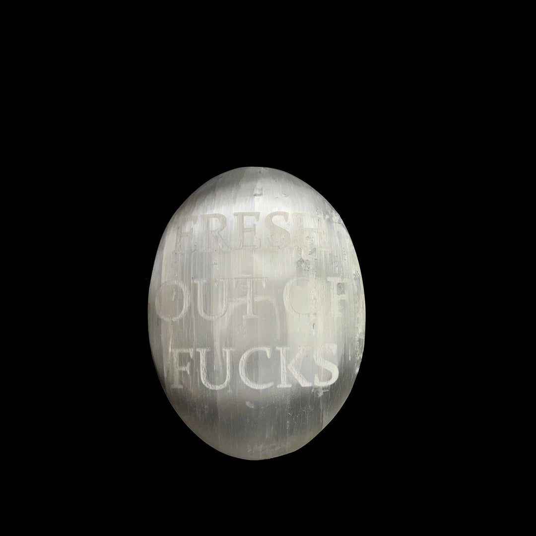 Humorous Selenite Palm Stones | Singles | (6-7cm): "Big Witch Energy" Regular